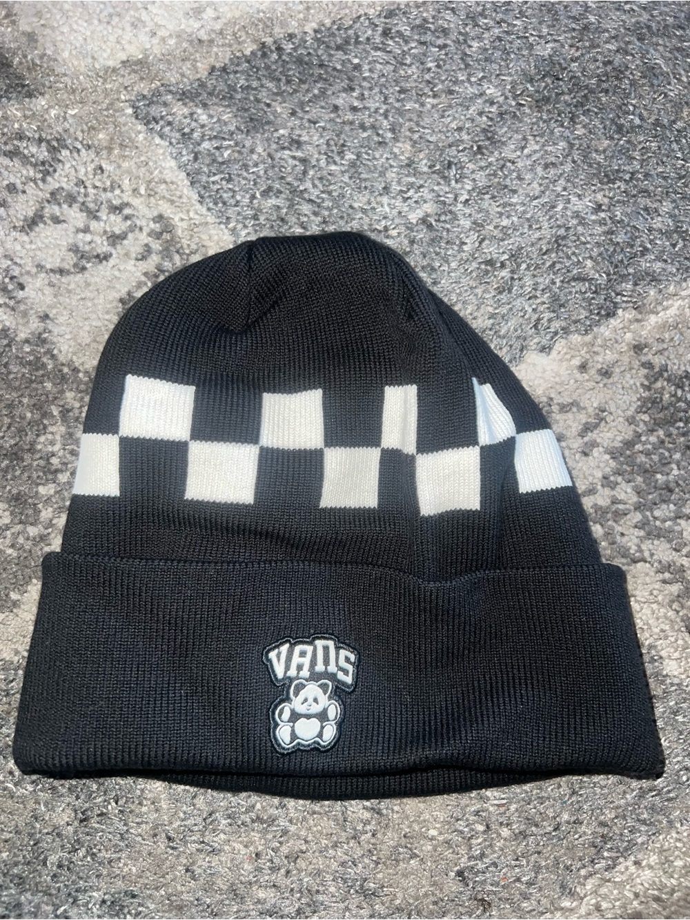 Vans Panda Check Beanie, embroidered panda patch classic checkerboard pattern.